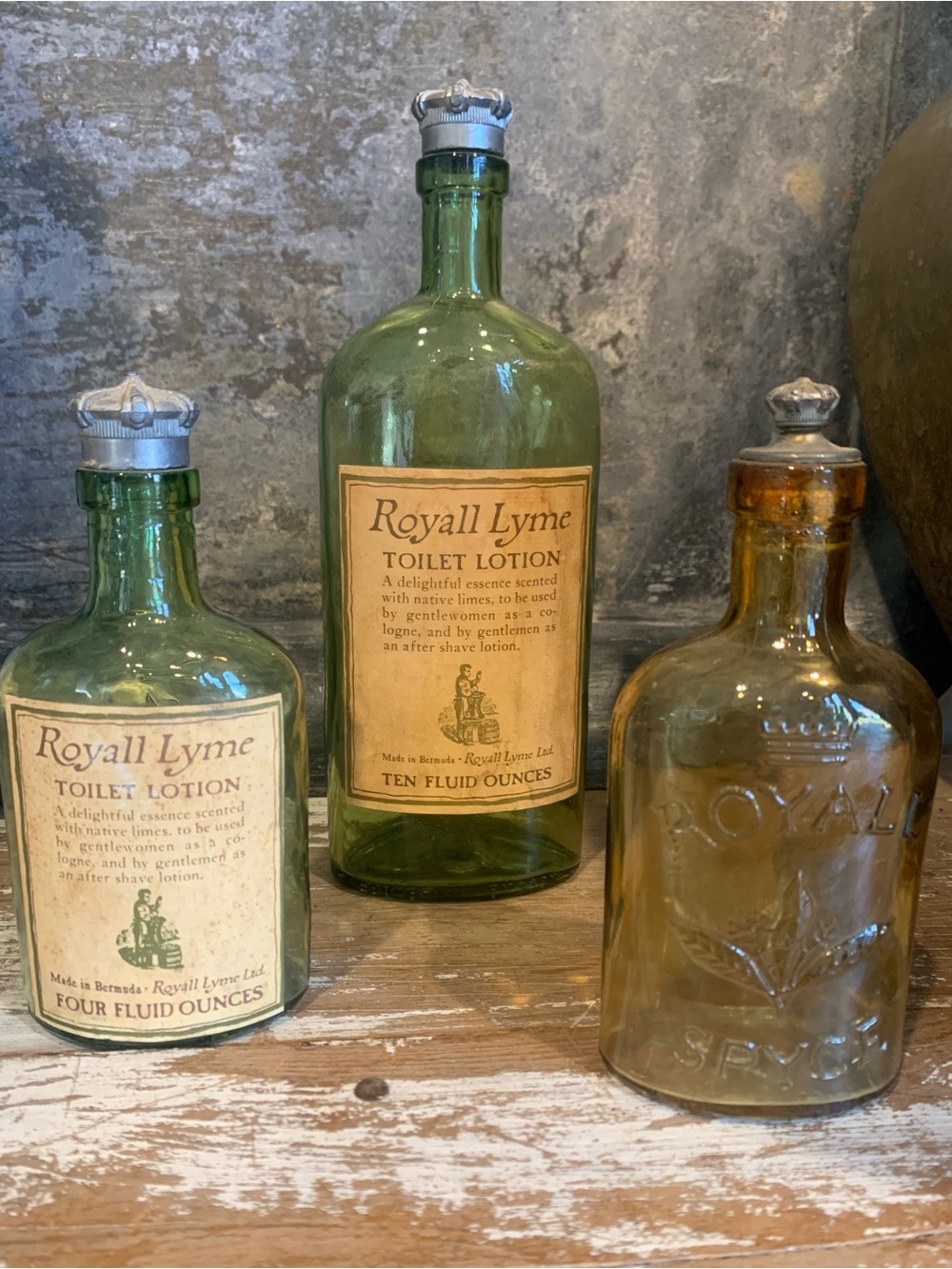 Vintage Royall Lyme Green Glass Toilet Lotion Bottles plus an amber/gold  bottle - Picture 2 of 6